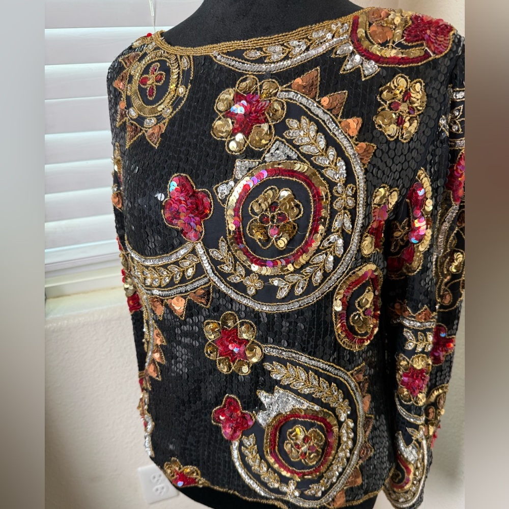 Scala 80's Vintage 100% Silk Sequined beaded blouse - Picture 2 of 4